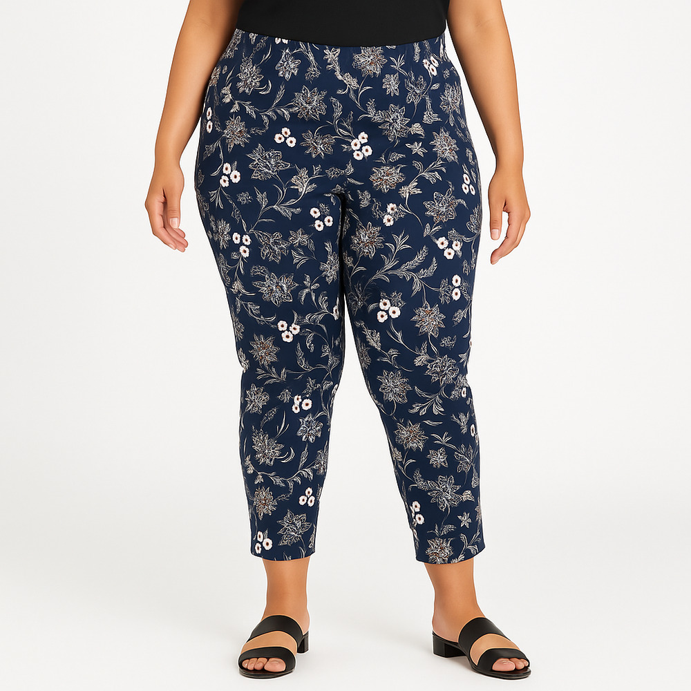 NWT Avenue Womens Blue Floral Print Elastic Waist Super Stretch Ankle Pants 24